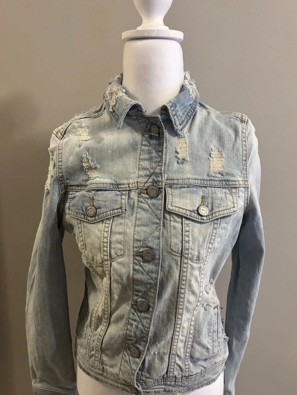 Light Blue Distressed Denim Jacket - Women's
